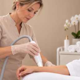 Professionnelle utilisant un analyseur de peau et de pilosit&eacute; sur l&rsquo;avant-bras
