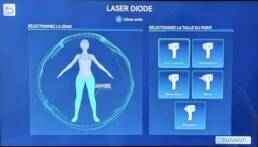 Laser Pro 4 Precision AI screen showing leg treatment area and spot size selection