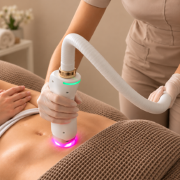 Professionnelle utilisant une pièce à main laser linéaire sur l’abdomen